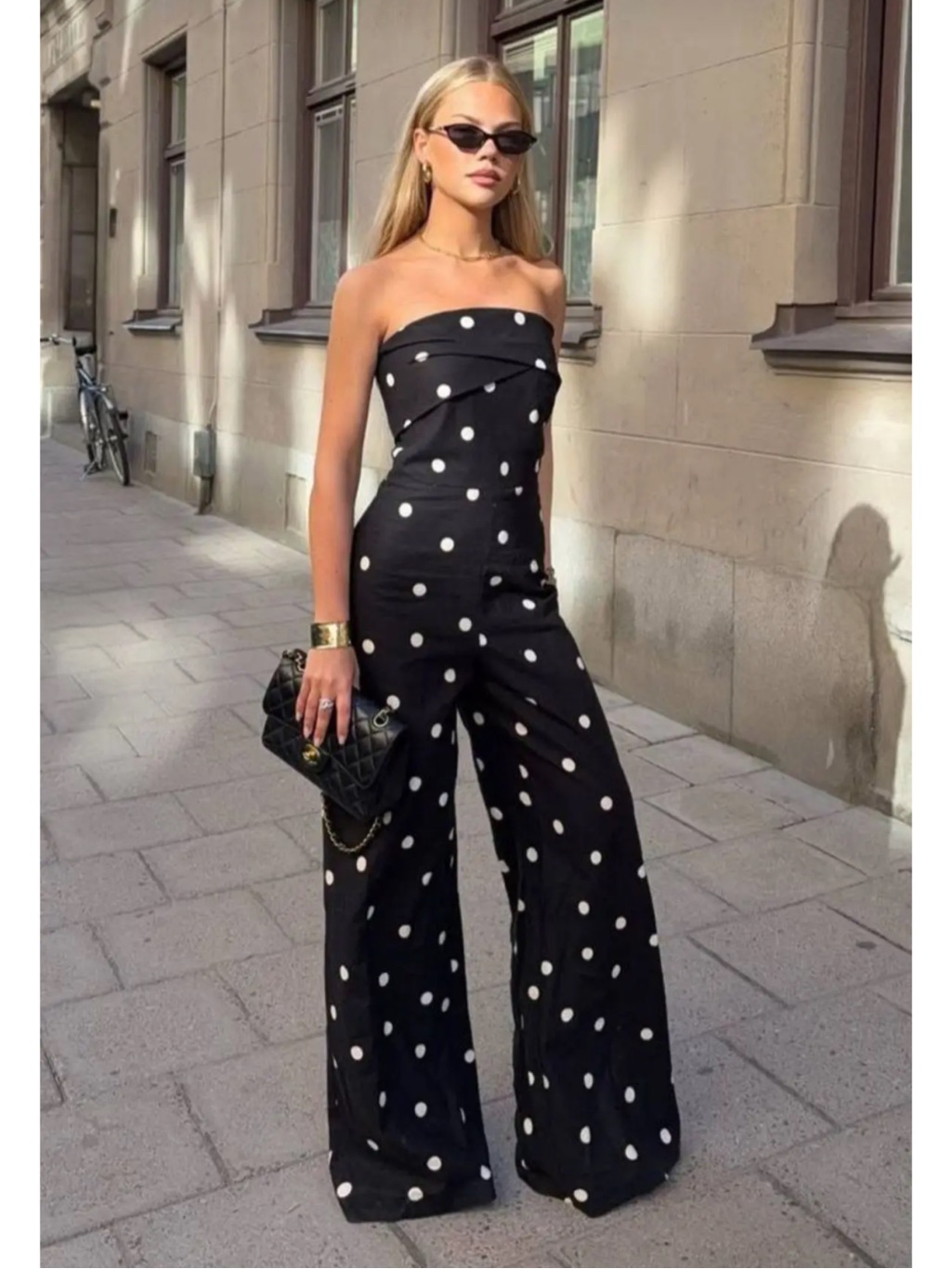 Sezane Editions Black & White Polka Dot Printed Strapless Linen Stella Jumpsuit